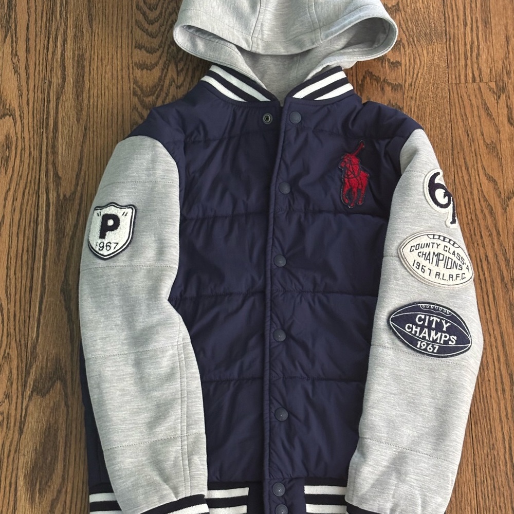 Polo by Ralph Lauren Kids Blue and Gray Hooded Varsity Jacket